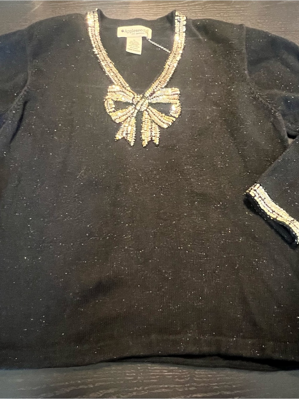 Appleseed's Black V-Neck Sweater with Beaded Bow